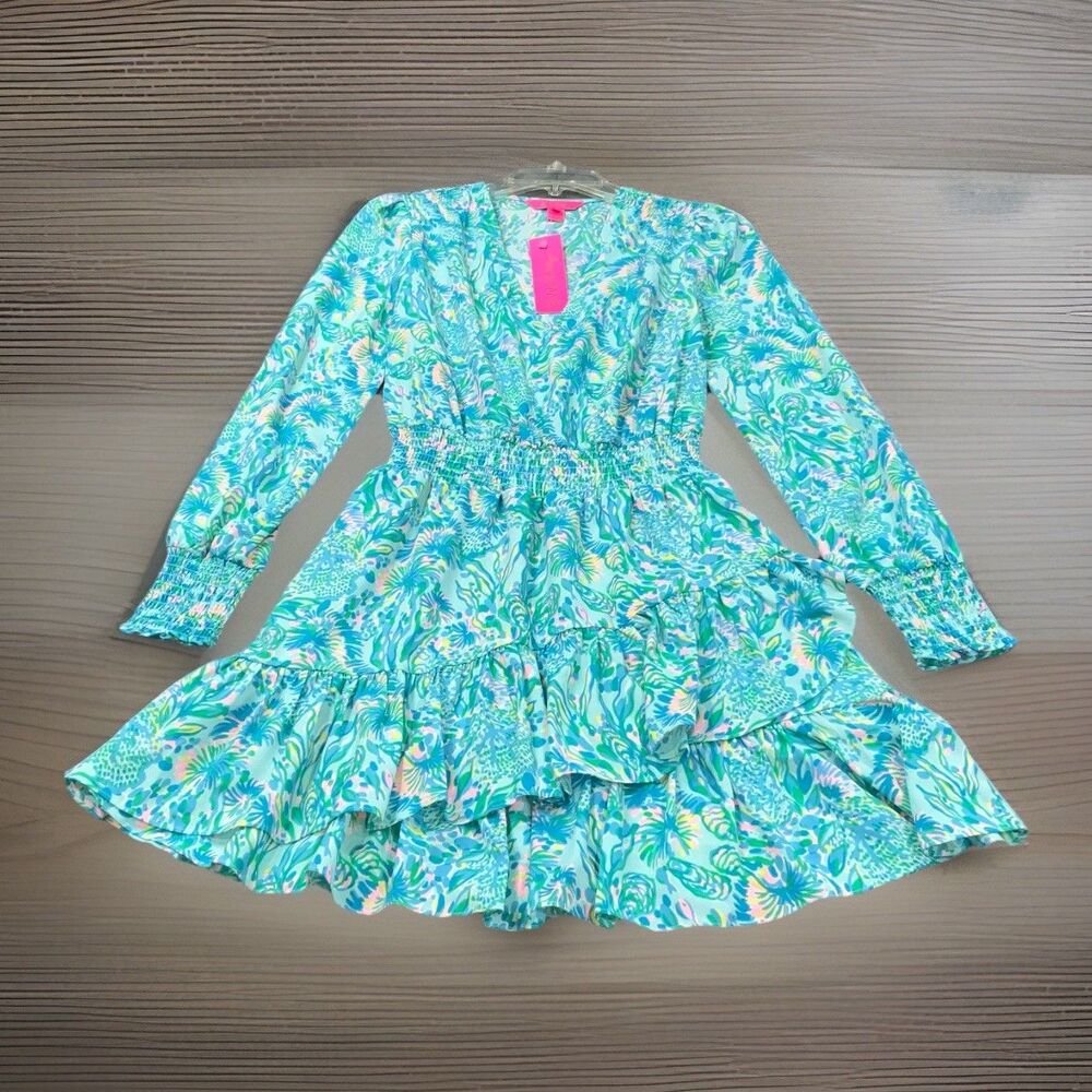 Lilly Pulitzer Christiana Stretch Dress Surf Blue Coral Of The Story Size XS (0)